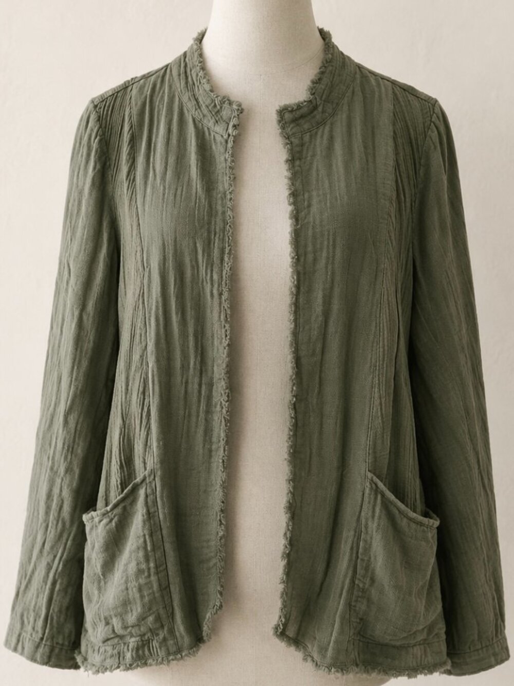 J. Jill Olive Green 100% Cotton Textured Open Front Jacket Boho Lagenlook Gauzy